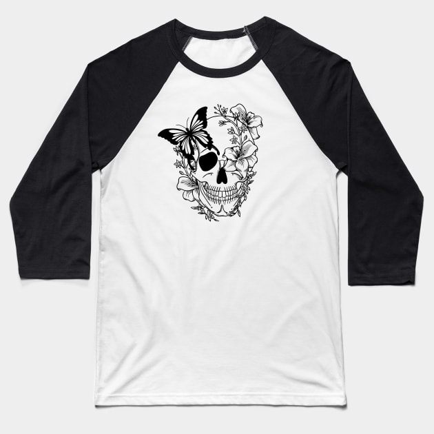 Skull with butterflies and lilies Baseball T-Shirt by alcoshirts